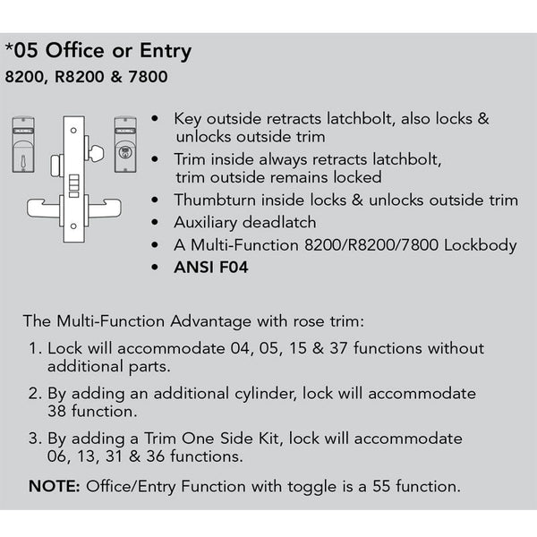 Sargent RX-LC-8205-24V-LNMI Office or Entry 24V Electrified Mortise Lock, LN Rose, MI Lever, RX Switch, Less Cylinder