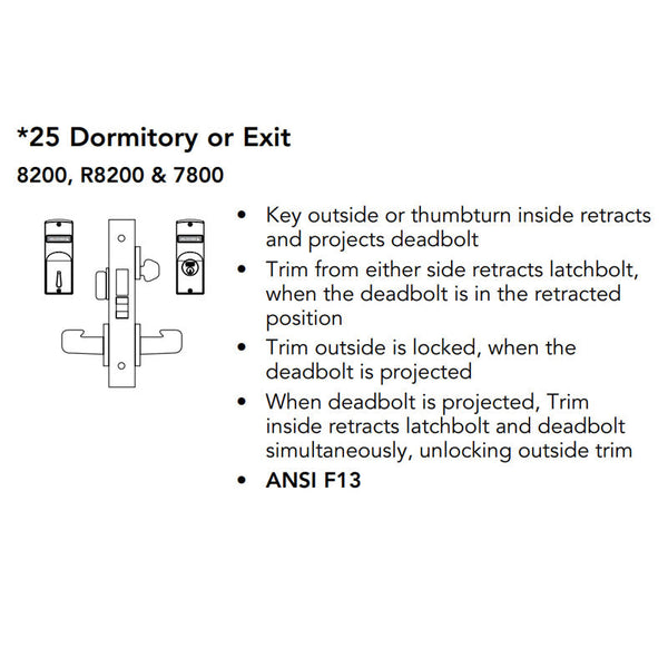 Sargent LC-8225-LNB Dormitory or Exit Mortise Lock, B - Lever, LN - Rose, Field Reversible, Less Cylinder