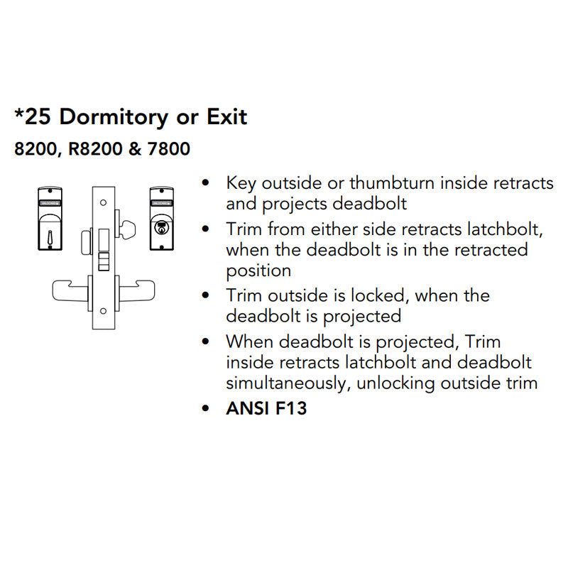 Sargent LC-8225-LNJ Dormitory or Exit Mortise Lock, J - Lever, LN - Rose, Field Reversible, Less Cylinder