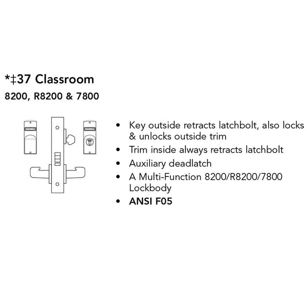 Sargent RX-LC-8237-12V-LNMD Classroom 12V Electrified Mortise Lock, LN Rose, MD Lever, RX Switch, Less Cylinder
