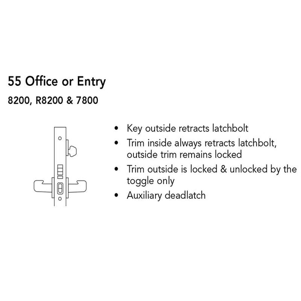 Sargent LC-8255-LNMI Office or Entry Mortise Lock, MI - Lever, LN - Rose, Field Reversible, Less Cylinder