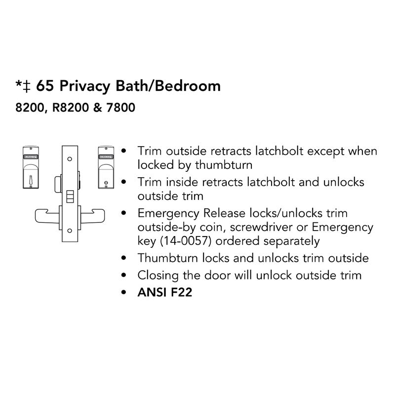 Sargent 8265-LNP Privacy Bedroom or Bath Mortise Lock, P - Lever, LN - Rose, Field Reversible, Grade 1