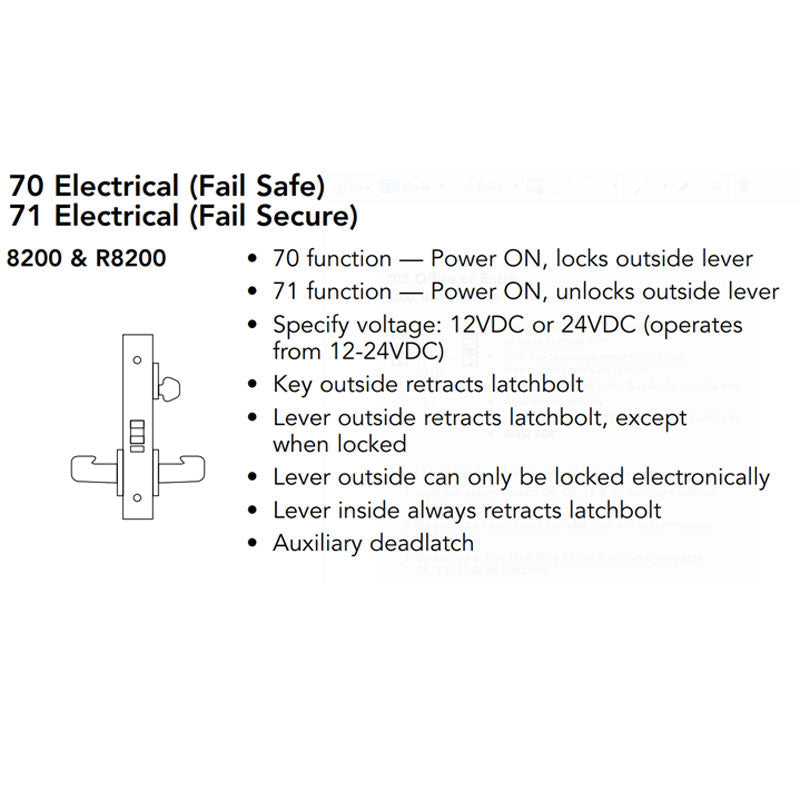Sargent 60-8271-24V-LNB-26D Electric Mortise Lock, Fail Secure, 24V, LFIC Less Core, LN Rose, B Lever, Field Reversible, Satin Chrome