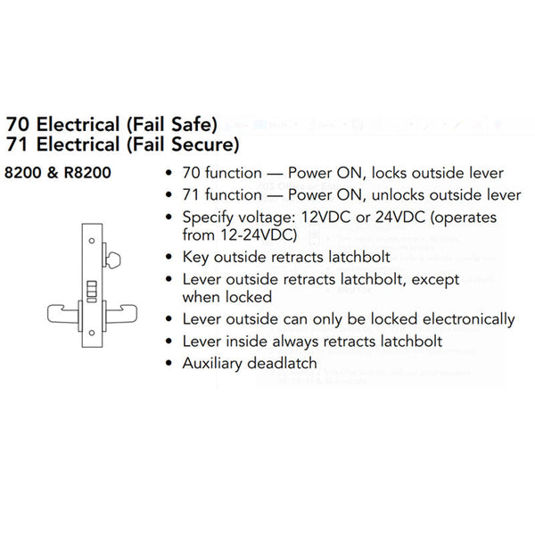 Sargent 70-8270-24V-LNB-26D Electric Mortise Lock, Fail Safe, 24V, SFIC Less Core, LN Rose, B Lever, Field Reversible, Satin Chrome